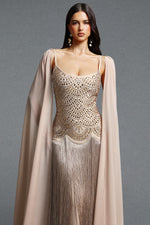 Lade Bild in die Galerieansicht, Ikara Elegant Spaghetti Strap Rhinestone Fringe Cape Bandage Maxi Dress