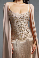 Lade Bild in die Galerieansicht, Ikara Elegant Spaghetti Strap Rhinestone Fringe Cape Bandage Maxi Dress