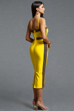 Lade Bild in die Galerieansicht, Lestie Minimalist Contour Straight Neck Gold Woven Bandage Yellow Midi Dress