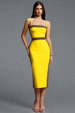 Lade Bild in die Galerieansicht, Lestie Minimalist Contour Straight Neck Gold Woven Bandage Yellow Midi Dress
