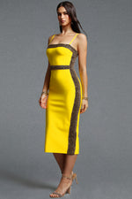 Lade Bild in die Galerieansicht, Lestie Minimalist Contour Straight Neck Gold Woven Bandage Yellow Midi Dress