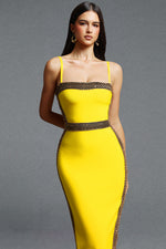 Lade Bild in die Galerieansicht, Lestie Minimalist Contour Straight Neck Gold Woven Bandage Yellow Midi Dress