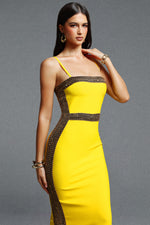 Lade Bild in die Galerieansicht, Lestie Minimalist Contour Straight Neck Gold Woven Bandage Yellow Midi Dress