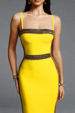 Lade Bild in die Galerieansicht, Lestie Minimalist Contour Straight Neck Gold Woven Bandage Yellow Midi Dress
