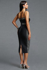 Lade Bild in die Galerieansicht, Lestie Minimalist Contour Straight Neck Silver Trim Woven Bandage Midi Dress