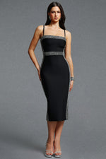 Lade Bild in die Galerieansicht, Lestie Minimalist Contour Straight Neck Silver Trim Woven Bandage Midi Dress