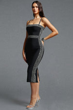 Lade Bild in die Galerieansicht, Lestie Minimalist Contour Straight Neck Silver Trim Woven Bandage Midi Dress