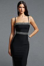 Lade Bild in die Galerieansicht, Lestie Minimalist Contour Straight Neck Silver Trim Woven Bandage Midi Dress