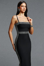 Lade Bild in die Galerieansicht, Lestie Minimalist Contour Straight Neck Silver Trim Woven Bandage Midi Dress