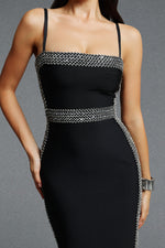 Lade Bild in die Galerieansicht, Lestie Minimalist Contour Straight Neck Silver Trim Woven Bandage Midi Dress