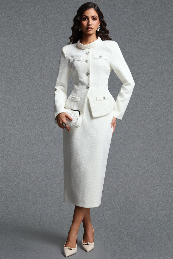 Ziriy Classic Tailored Long Sleeve Tweed Top and Skirt Two Piece Set