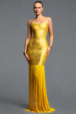Load image into Gallery viewer, Labola Chic Contour Fringe Gold Bandage Maxi Dress