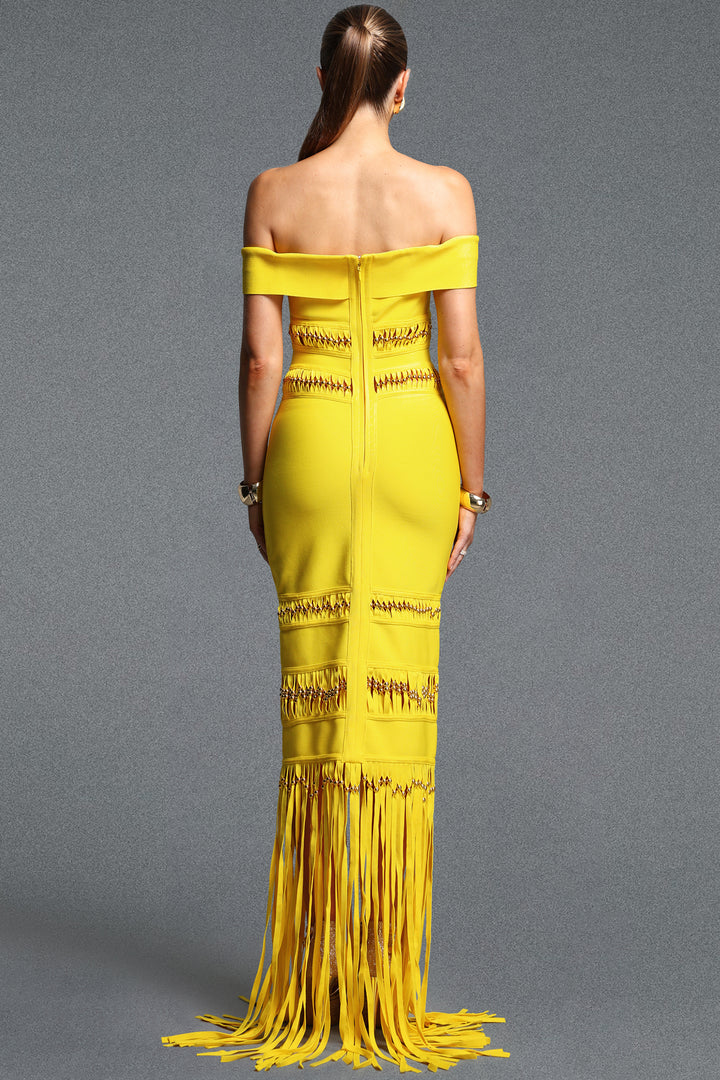 Sylvia Elegant Off Shoulder Beaded Tassel Bandage Maxi Dress