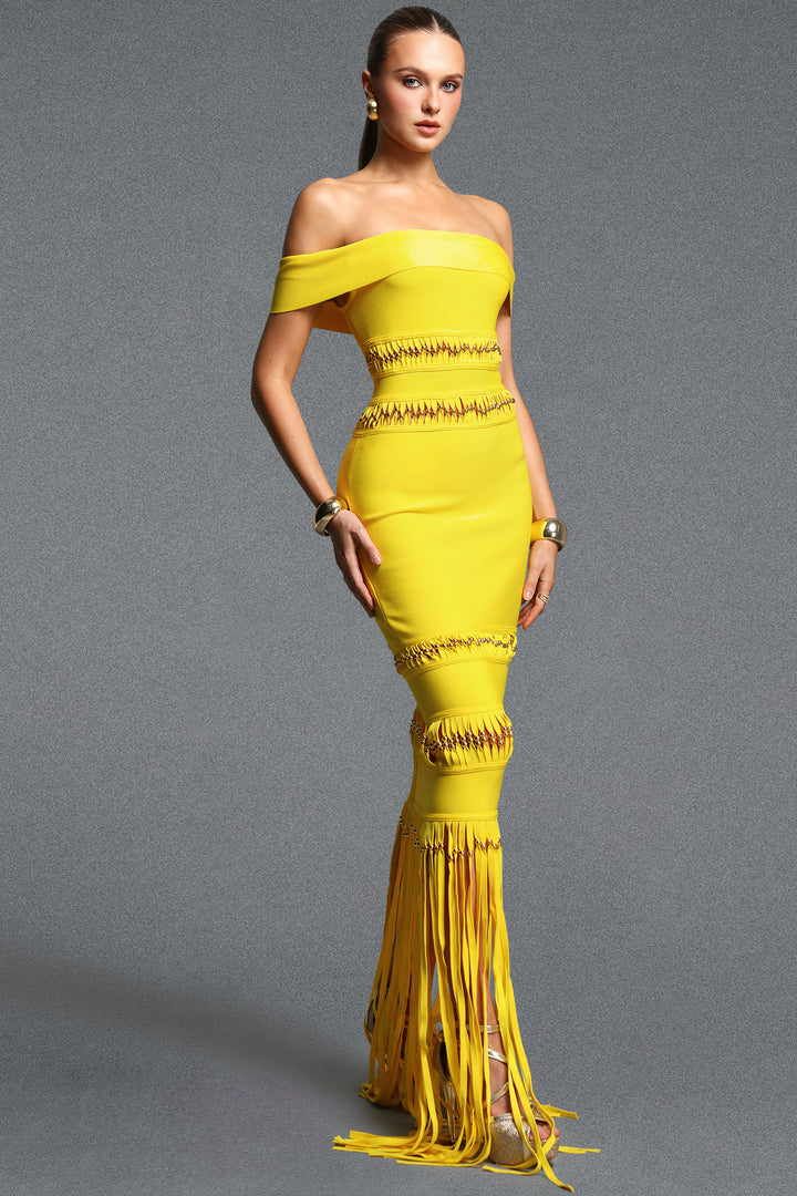 Sylvia Elegant Off Shoulder Beaded Tassel Bandage Maxi Dress