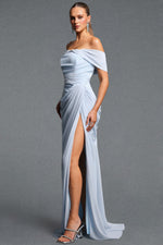 Load image into Gallery viewer, Tazeda Elegant Contour Off Shoulder Ruched Slit Mesh Maxi Dress