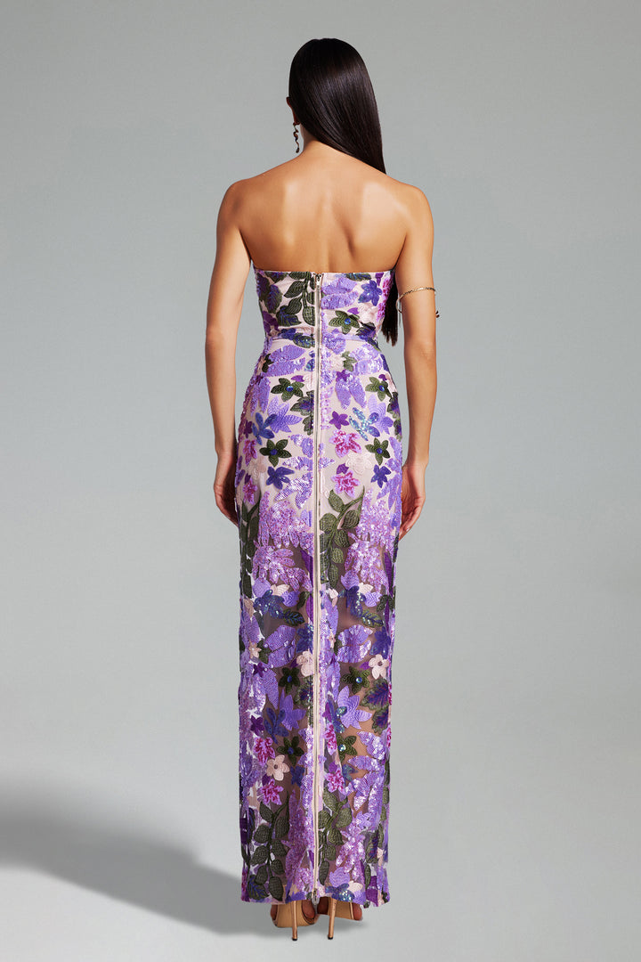 Eugenia Flr Sequins Strapless Mesh Dress - Purple
