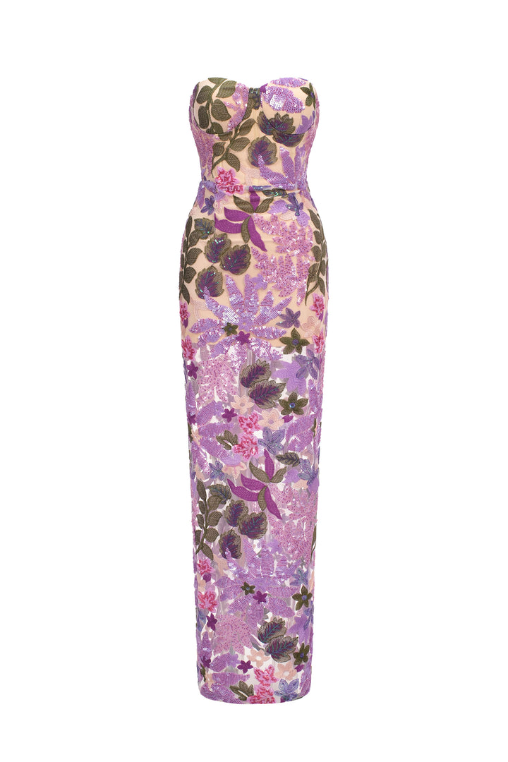 Eugenia Flr Sequins Strapless Mesh Dress - Purple
