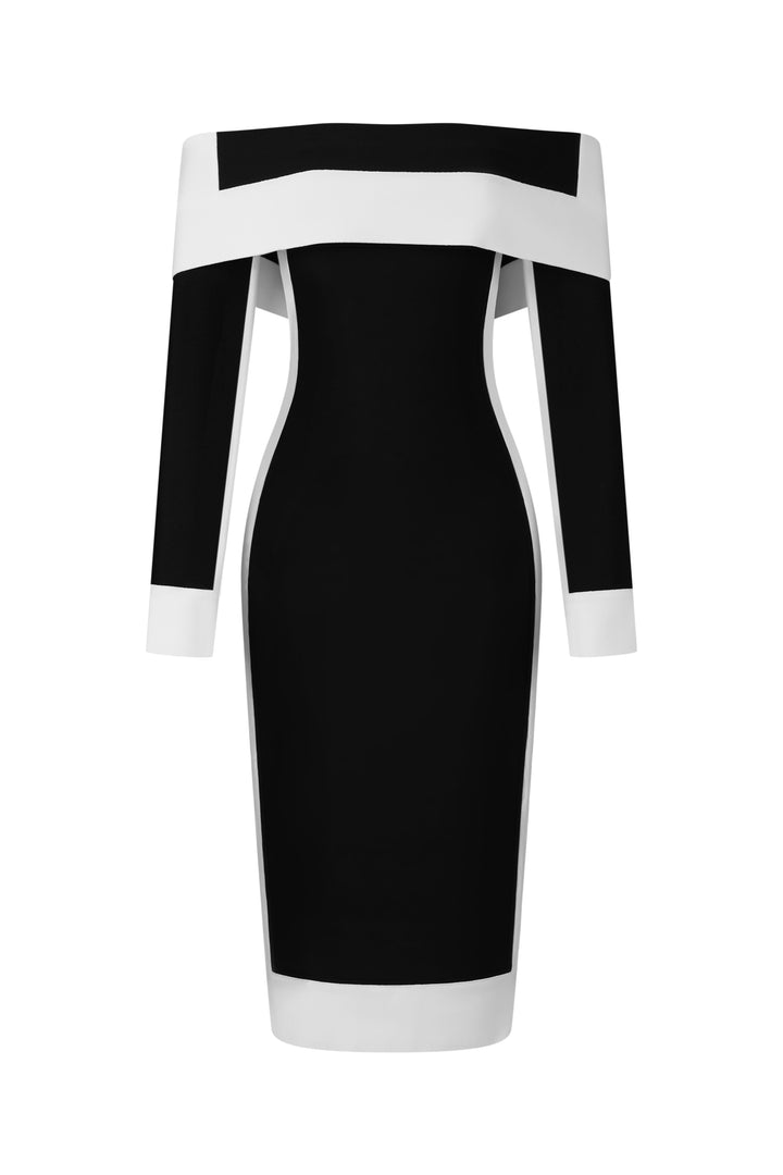 Robe Midi Bandage Épaules Dénudées Manches Longues Rayures Mattey