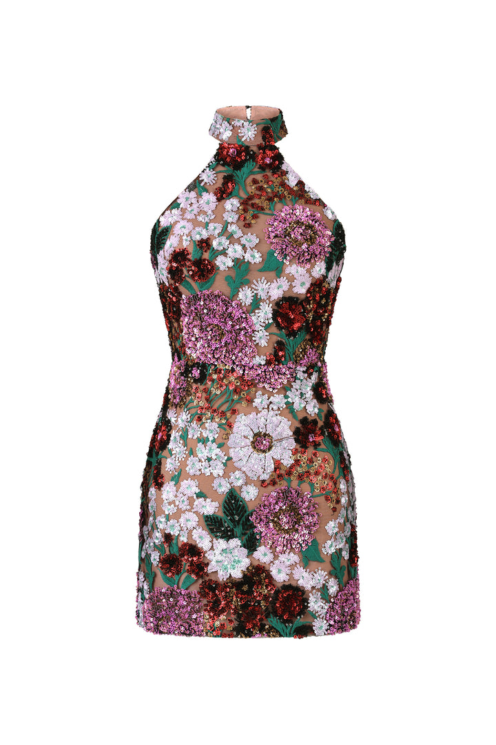 Polasa Halter Sleeveless Sequins Flower Mini Dress