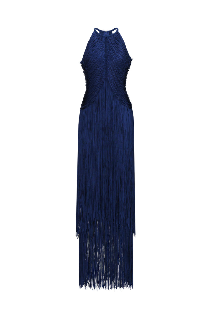Sahara Chic Contour Halter Fringe Bandage Maxi Dress